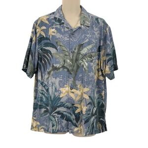 Tommy Bahama Mens SS Button Down Hawaiian Silk‎ Shirt Blue Green Beige Floral L